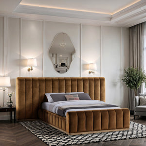 Meridian Furniture Amara Wingback Queen Bed Oversized Velvet Headboard Solid Wood Glam Bedroom AmaraSaddle-Q117