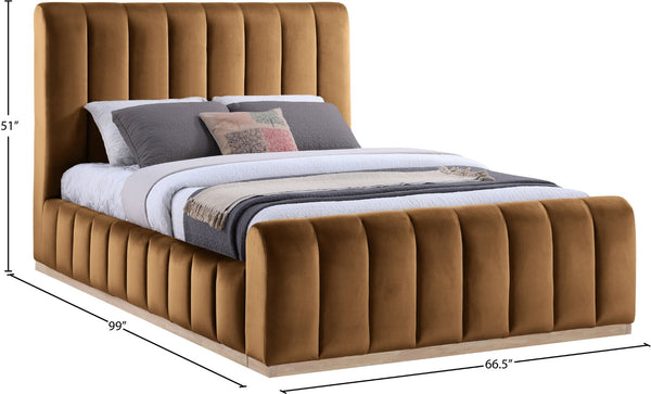 Meridian Furniture Amara Queen Bed Ultra Luxe Saddle Velvet Upholstery with Natural Wood Base AmaraSaddle-Q