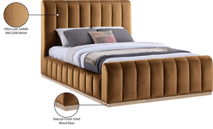 Meridian Furniture Amara Queen Bed Ultra Luxe Saddle Velvet Upholstery with Natural Wood Base AmaraSaddle-Q