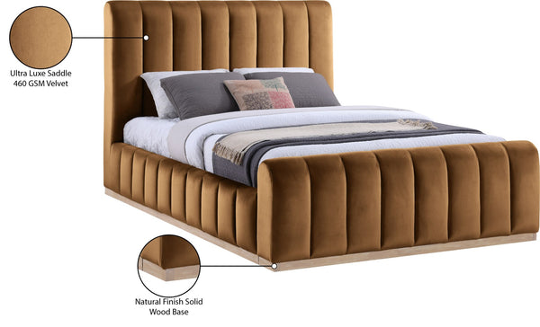 Meridian Furniture Amara Queen Bed Ultra Luxe Saddle Velvet Upholstery with Natural Wood Base AmaraSaddle-Q