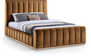 Meridian Furniture Amara Queen Bed Ultra Luxe Saddle Velvet Upholstery with Natural Wood Base AmaraSaddle-Q