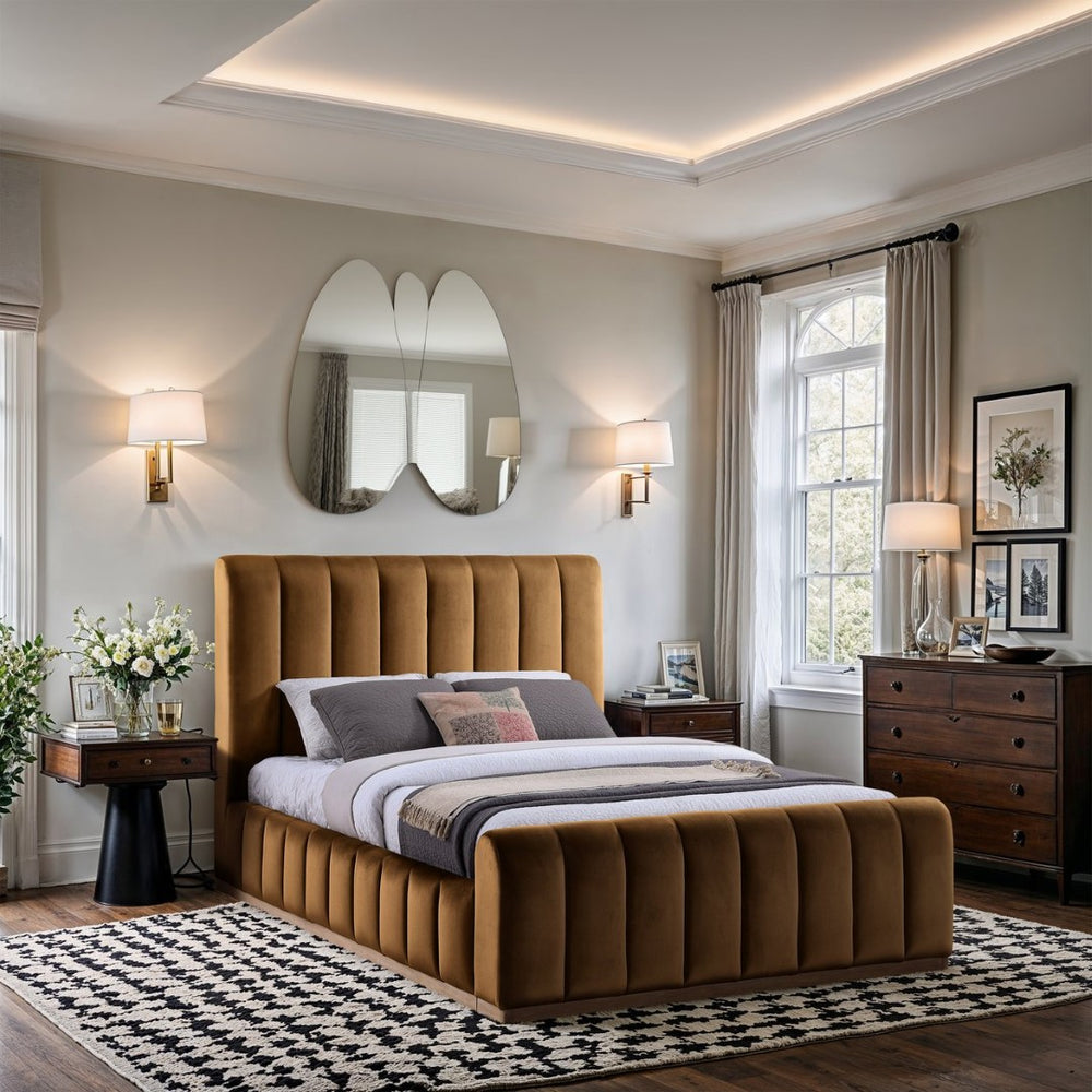 Meridian Furniture Amara Queen Bed Ultra Luxe Saddle Velvet Upholstery with Natural Wood Base AmaraSaddle-Q