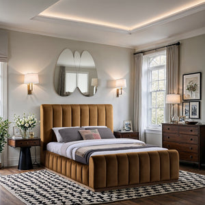 Meridian Furniture Amara Queen Bed Ultra Luxe Saddle Velvet Upholstery with Natural Wood Base AmaraSaddle-Q