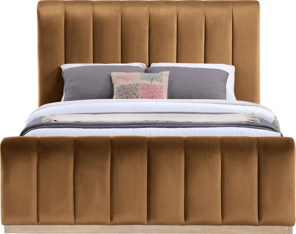 Meridian Furniture Amara Queen Bed Ultra Luxe Saddle Velvet Upholstery with Natural Wood Base AmaraSaddle-Q