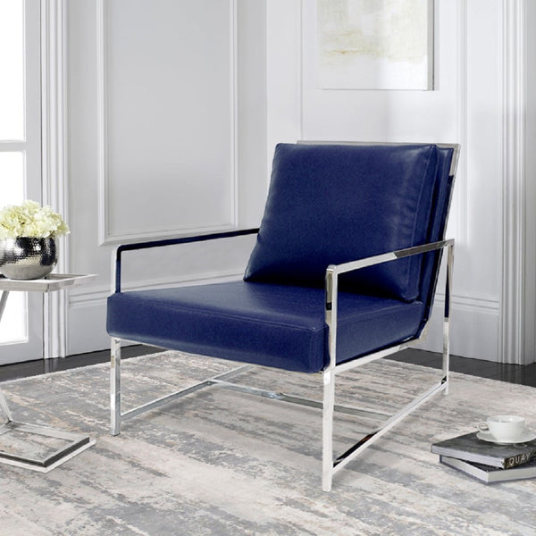 Pasargad Luxe Navy Faux Leather Armchair With Stainless Steel Base For Modern Comfort & Style Navy Faux Leather Y-1016n