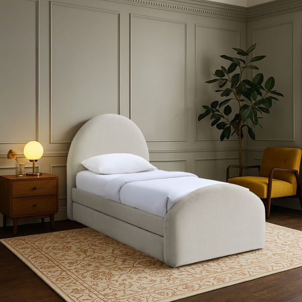 Meridian Furniture Andaz Chenille Upholstered Twin Trundle Bed with Arched Headboard for Modern Guest Rooms Beige AndazBeige-TDL