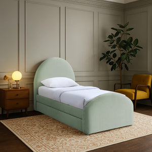 Meridian Furniture Andaz Chenille Upholstered Twin Trundle Bed with Arched Headboard for Modern Guest Rooms Mint AndazMint-TDL