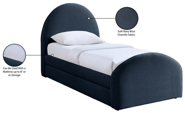 Meridian Furniture Andaz Chenille Upholstered Twin Trundle Bed with Arched Headboard for Modern Guest Rooms Navy AndazNavy-TDL