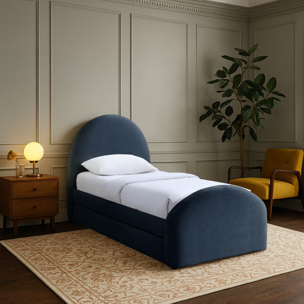 Meridian Furniture Andaz Chenille Upholstered Twin Trundle Bed with Arched Headboard for Modern Guest Rooms Navy AndazNavy-TDL