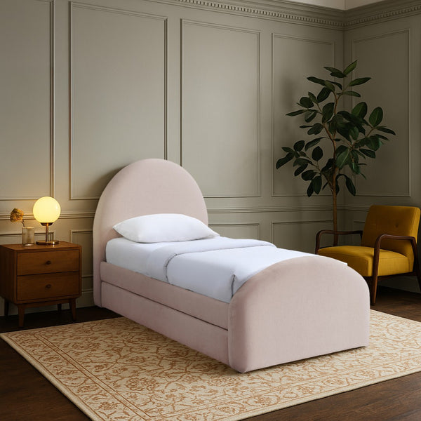 Meridian Furniture Andaz Chenille Upholstered Twin Trundle Bed with Arched Headboard for Modern Guest Rooms Pink AndazPink-TDL