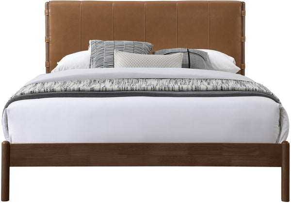 Meridian Furniture Arielle Mid-century Full Bed Vegan Leather Upholstered Panel Headboard Solid Wood Frame Cognac ArielleCognac-F