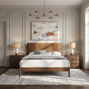 Meridian Furniture Arielle Vegan Leather Platform King Bed Walnut Wood Frame Modern Upholstered Headboard Cognac ArielleCognac-K