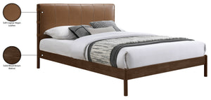 Meridian Furniture Arielle Queen Bed Low Profile Mid-century Vegan Leather Upholstered with Walnut Wood Frame Cognac ArielleCognac-Q