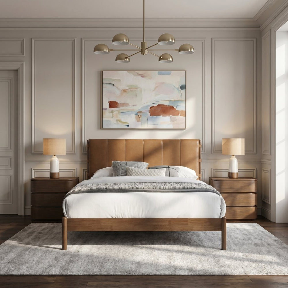 Meridian Furniture Arielle Queen Bed Low Profile Mid-century Vegan Leather Upholstered with Walnut Wood Frame Cognac ArielleCognac-Q