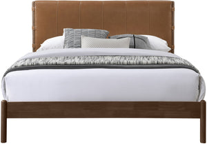 Meridian Furniture Arielle Queen Bed Low Profile Mid-century Vegan Leather Upholstered with Walnut Wood Frame Cognac ArielleCognac-Q