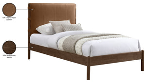 Meridian Furniture Arielle Twin Bed Faux Leather Upholstered Walnut Frame Mid-century Tall Headboard Bedroom Cognac ArielleCognac-T