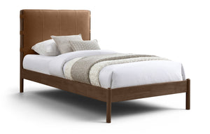 Meridian Furniture Arielle Twin Bed Faux Leather Upholstered Walnut Frame Mid-century Tall Headboard Bedroom Cognac ArielleCognac-T