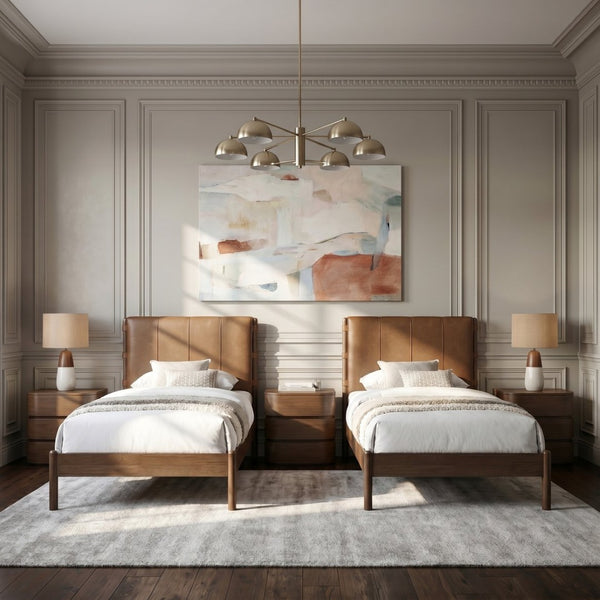 Meridian Furniture Arielle Twin Bed Faux Leather Upholstered Walnut Frame Mid-century Tall Headboard Bedroom Cognac ArielleCognac-T