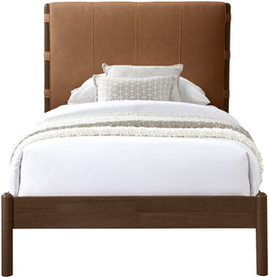 Meridian Furniture Arielle Twin Bed Faux Leather Upholstered Walnut Frame Mid-century Tall Headboard Bedroom Cognac ArielleCognac-T