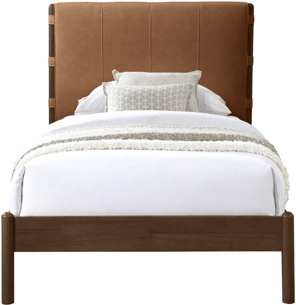 Meridian Furniture Arielle Twin Bed Faux Leather Upholstered Walnut Frame Mid-century Tall Headboard Bedroom Cognac ArielleCognac-T