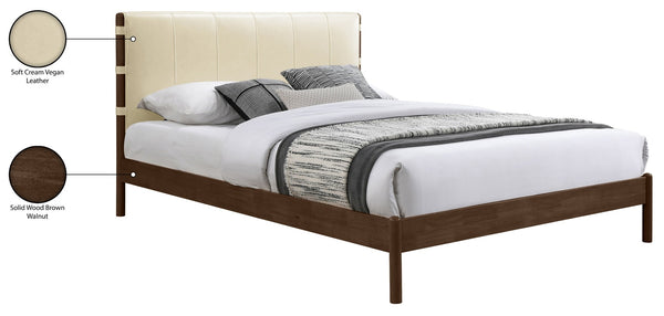 Meridian Furniture Arielle Mid-century Full Bed Vegan Leather Upholstered Panel Headboard Solid Wood Frame Cream ArielleCream-F