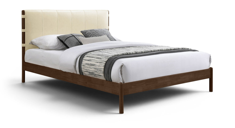 Meridian Furniture Arielle Mid-century Full Bed Vegan Leather Upholstered Panel Headboard Solid Wood Frame Cream ArielleCream-F