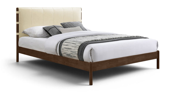 Meridian Furniture Arielle Mid-century Full Bed Vegan Leather Upholstered Panel Headboard Solid Wood Frame Cream ArielleCream-F