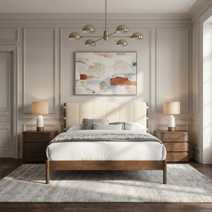 Meridian Furniture Arielle Mid-century Full Bed Vegan Leather Upholstered Panel Headboard Solid Wood Frame Cream ArielleCream-F