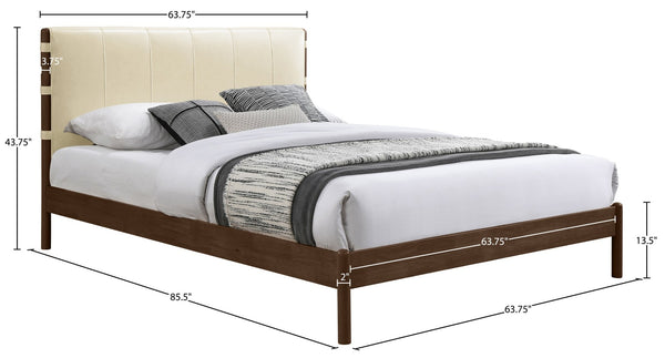 Meridian Furniture Arielle Queen Bed Low Profile Mid-century Vegan Leather Upholstered with Walnut Wood Frame Cream ArielleCream-Q