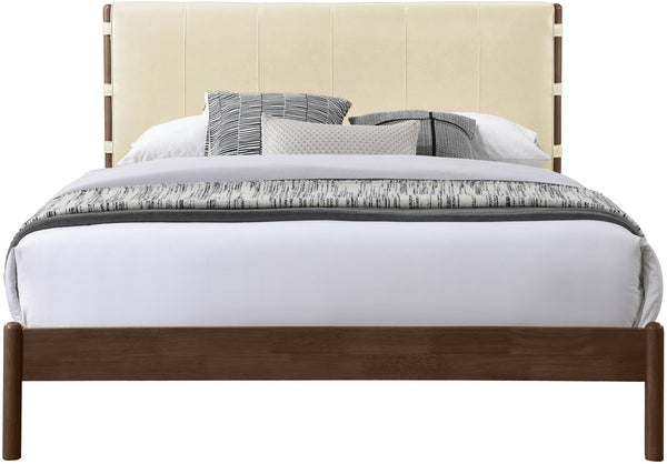 Meridian Furniture Arielle Queen Bed Low Profile Mid-century Vegan Leather Upholstered with Walnut Wood Frame Cream ArielleCream-Q