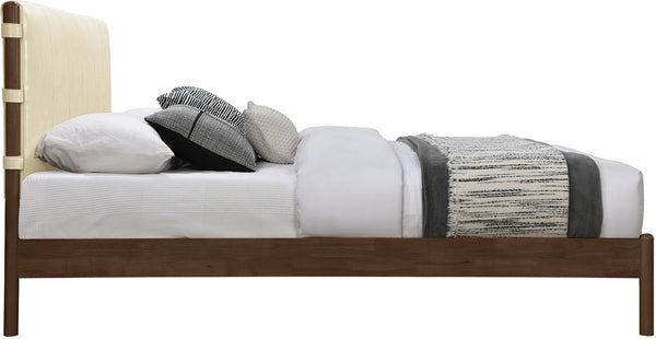 Meridian Furniture Arielle Queen Bed Low Profile Mid-century Vegan Leather Upholstered with Walnut Wood Frame Cream ArielleCream-Q