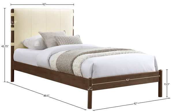 Meridian Furniture Arielle Twin Bed Faux Leather Upholstered Walnut Frame Mid-century Tall Headboard Bedroom Cream ArielleCream-T