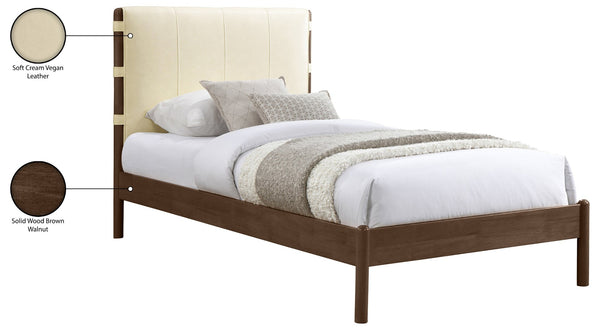 Meridian Furniture Arielle Twin Bed Faux Leather Upholstered Walnut Frame Mid-century Tall Headboard Bedroom Cream ArielleCream-T
