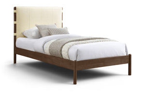 Meridian Furniture Arielle Twin Bed Faux Leather Upholstered Walnut Frame Mid-century Tall Headboard Bedroom Cream ArielleCream-T