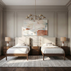 Meridian Furniture Arielle Twin Bed Faux Leather Upholstered Walnut Frame Mid-century Tall Headboard Bedroom Cream ArielleCream-T