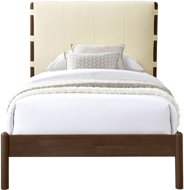 Meridian Furniture Arielle Twin Bed Faux Leather Upholstered Walnut Frame Mid-century Tall Headboard Bedroom Cream ArielleCream-T