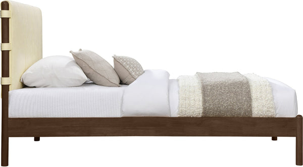 Meridian Furniture Arielle Twin Bed Faux Leather Upholstered Walnut Frame Mid-century Tall Headboard Bedroom Cream ArielleCream-T