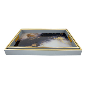 Zeugma Aristo Elegant Serving Tray Set Of 2 - Blue-gold Decorative Trays With Abstract Mosaic Design Blue And Gold Frame And Greek Mosaic,Inspired Bottom Plaster,Wood,Plywood Hrt24sf683