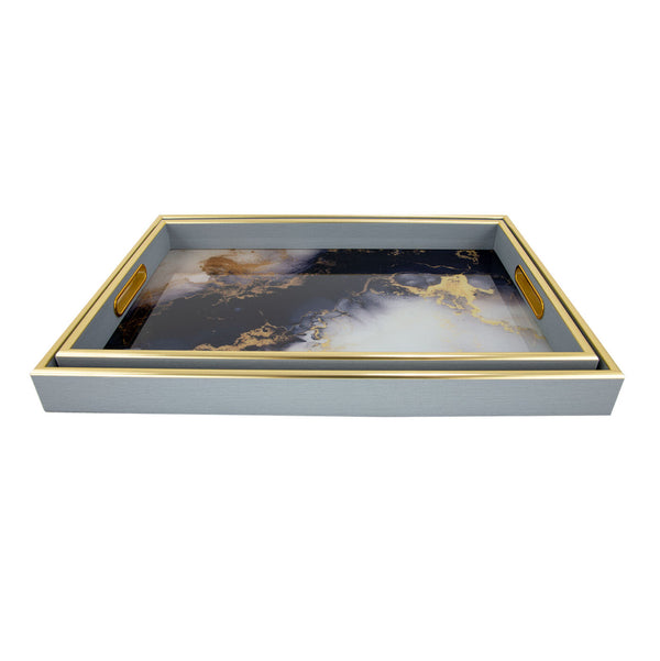 Zeugma Aristo Elegant Serving Tray Set Of 2 - Blue-gold Decorative Trays With Abstract Mosaic Design Blue And Gold Frame And Greek Mosaic,Inspired Bottom Plaster,Wood,Plywood Hrt24sf683