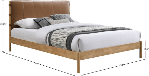 Meridian Furniture Asher Vegan Leather Full Bed Tall Headboard Mid-century Modern Platform Wood Frame Cognac AsherCognac-F