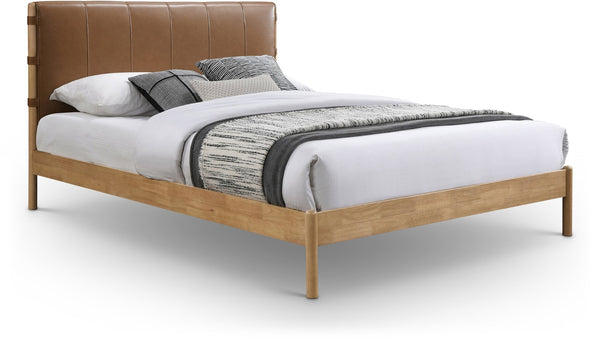 Meridian Furniture Asher Vegan Leather Full Bed Tall Headboard Mid-century Modern Platform Wood Frame Cognac AsherCognac-F