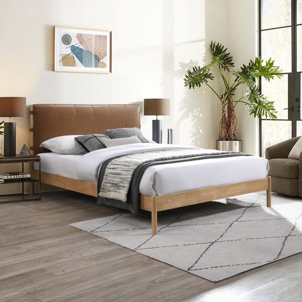 Meridian Furniture Asher Vegan Leather Full Bed Tall Headboard Mid-century Modern Platform Wood Frame Cognac AsherCognac-F
