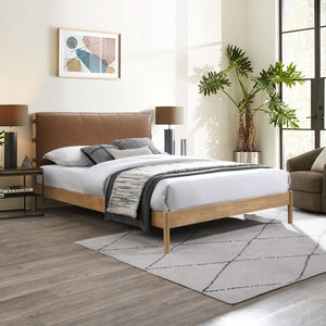 Meridian Furniture Asher Queen Bed Vegan Leather Low Profile Frame with Wood Base for Modern Bedroom Decor Cognac AsherCognac-Q