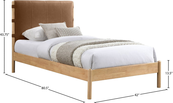 Meridian Furniture Asher Faux Leather Twin Bed Tall Upholstered Headboard Mid-century Modern Bedroom Frame Cognac AsherCognac-T
