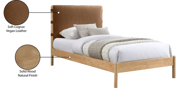 Meridian Furniture Asher Faux Leather Twin Bed Tall Upholstered Headboard Mid-century Modern Bedroom Frame Cognac AsherCognac-T