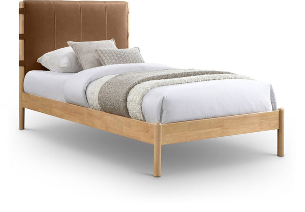 Meridian Furniture Asher Faux Leather Twin Bed Tall Upholstered Headboard Mid-century Modern Bedroom Frame Cognac AsherCognac-T