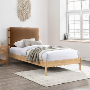 Meridian Furniture Asher Faux Leather Twin Bed Tall Upholstered Headboard Mid-century Modern Bedroom Frame Cognac AsherCognac-T