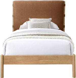 Meridian Furniture Asher Faux Leather Twin Bed Tall Upholstered Headboard Mid-century Modern Bedroom Frame Cognac AsherCognac-T