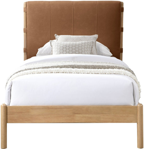Meridian Furniture Asher Faux Leather Twin Bed Tall Upholstered Headboard Mid-century Modern Bedroom Frame Cognac AsherCognac-T