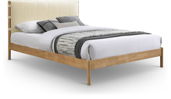 Meridian Furniture Asher King Bed Vegan Leather Upholstered Solid Wood Frame Mid-century Low Profile Bedroom Cream AsherCream-K